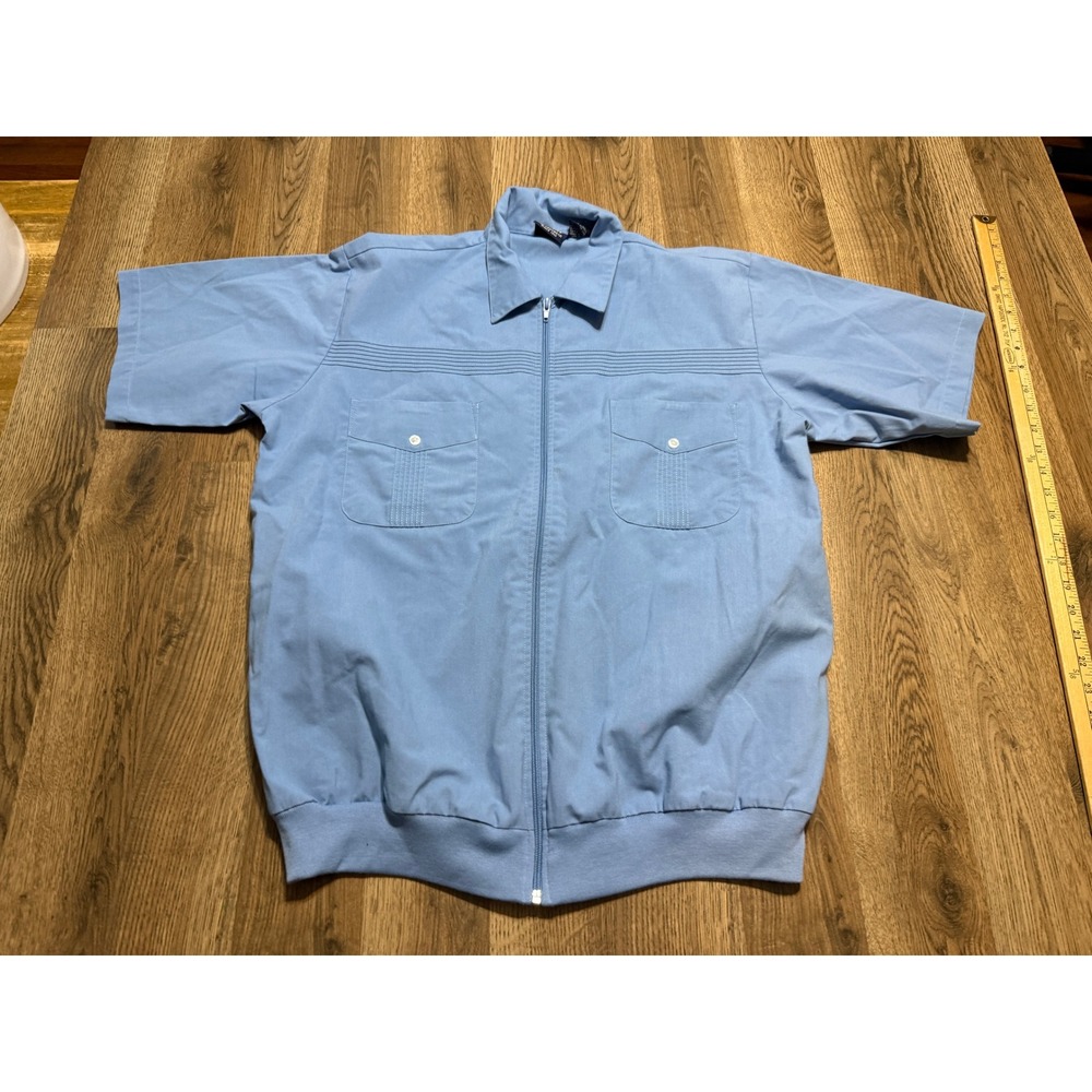 John Blair Shirt Mens Size L Blue Short Sleeve Guayabera Style Zip Up Pintuck